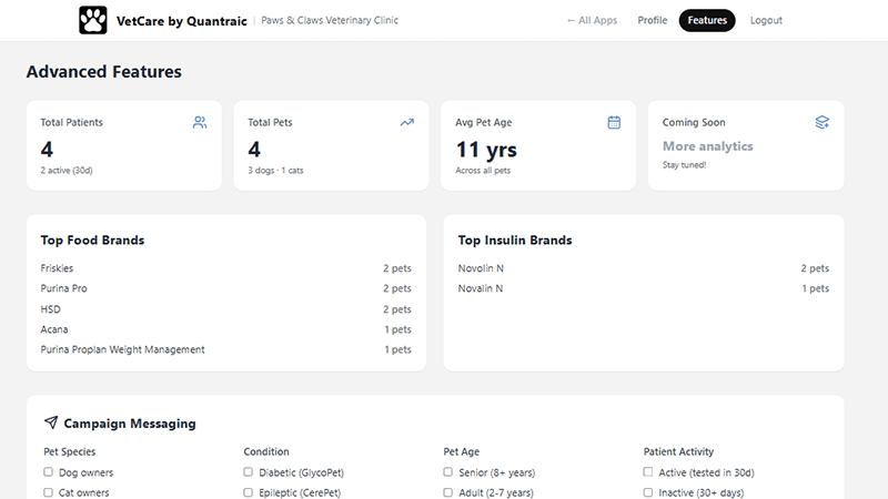 VetCare Features Screenshot